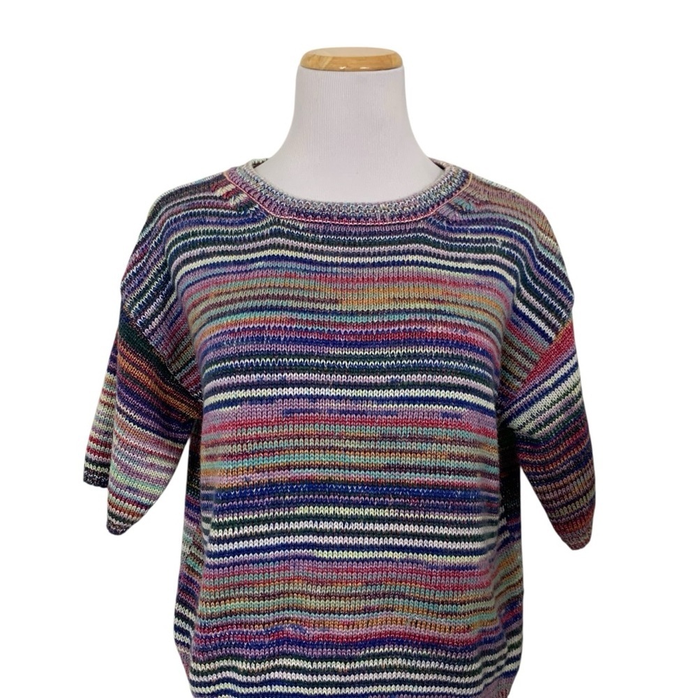 Magaschoni Colorful Striped Marled Short Sleeve Pullover Sweater Top Womens S